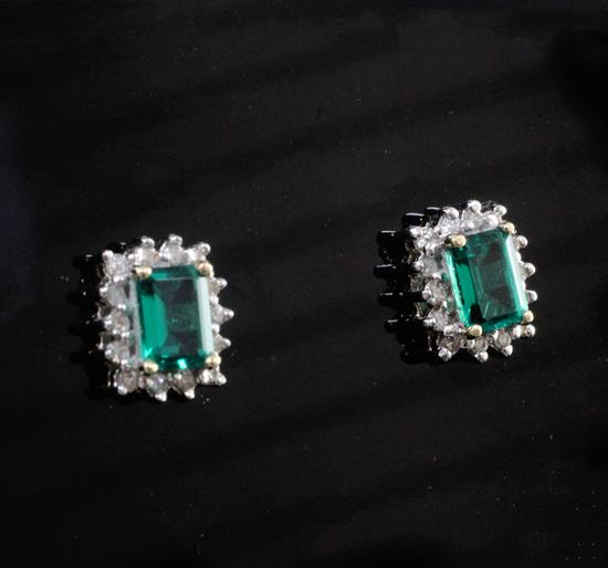 A pair of American 10ct gold synthetic emerald? and diamond set rectangular ear studs, length 11mm.